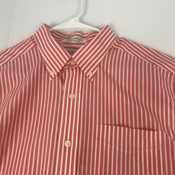 LL Bean Button Up Shirt Mens Size L Tall Pink Striped Short Sleeve 100% Cotton - Picture 10 of 13
